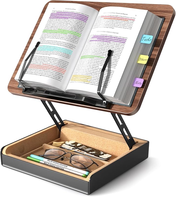 Wooden Book Stand with Storage: Adjustable for Desk, Kitchen, Hands-Fr