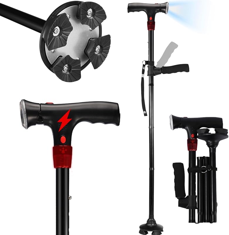 Men Women Walking Cane with Alarm and LED Light: Foldable Adjustable L