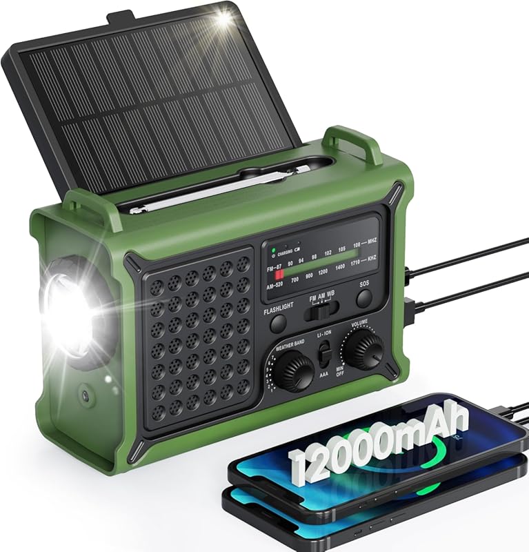 Emergency Weather Radio with Large Solar Panel, 12000mAh Battery, AM/F