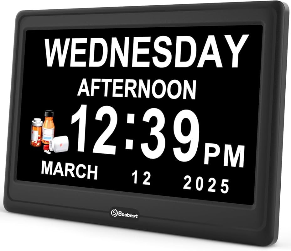 Soobest 12-Inch Dementia Digital Clock for Elderly: 20 Alarms, Date Da