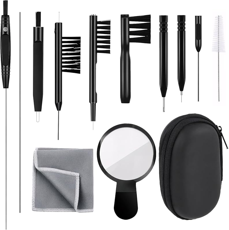 Black 13-Piece Hearing Aid Cleaning Kit with Storage Bag – Contains Br
