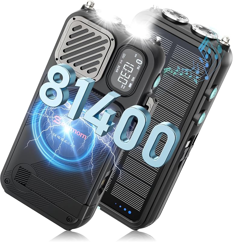 22000mAh Emergency Radio with Solar Power Bank, Hand Crank, Bluetooth,