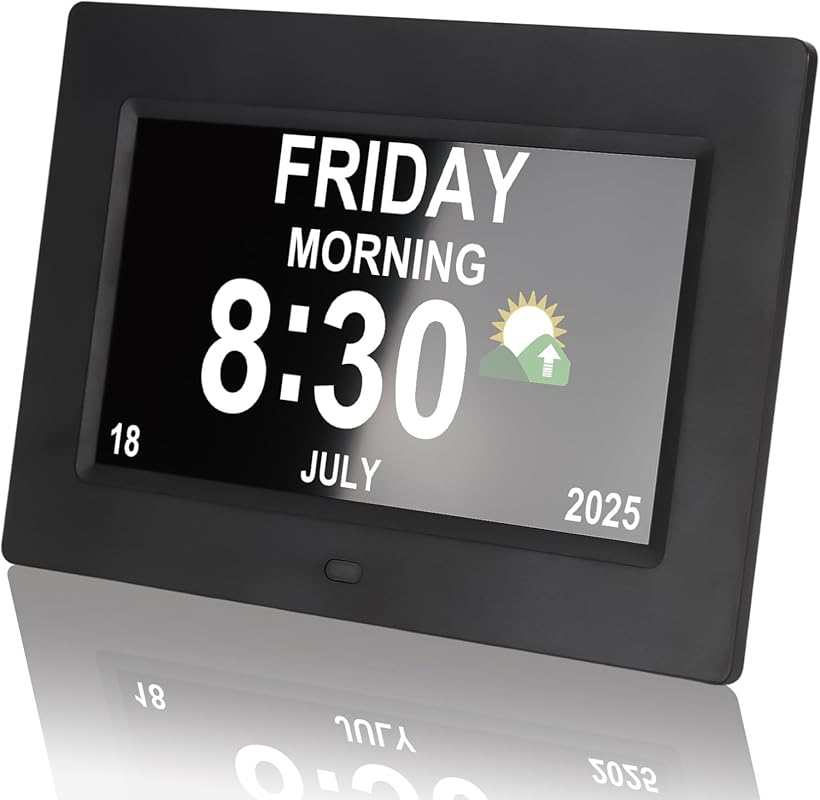 7-Inch Digital Clock for Seniors: Day Date Time, 12 Alarms, Non-Abbrev