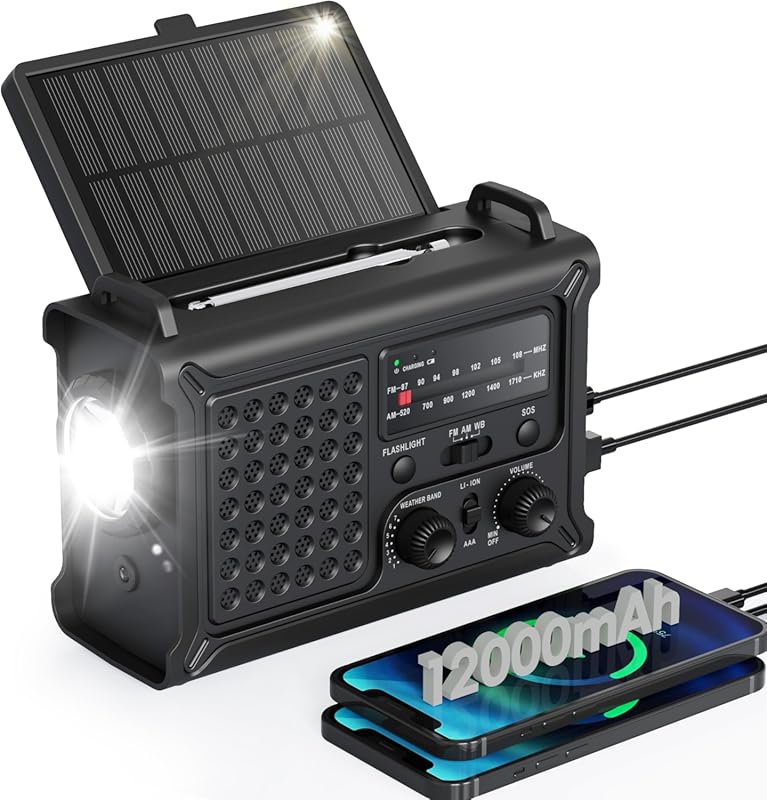 Emergency Weather Radio with Large Solar Panel, 12000mAh Battery, AM/F