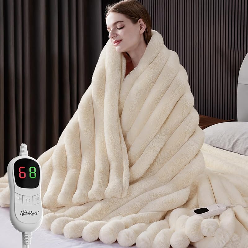 Faux Fur Heated Throw Blanket, 10 Heat Levels, 1-8 Hour Auto-Off, Over