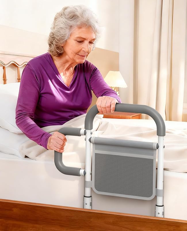 Elderly Bed Safety Rail: Double Non-Slip Handles, Storage Pouch, Fits 