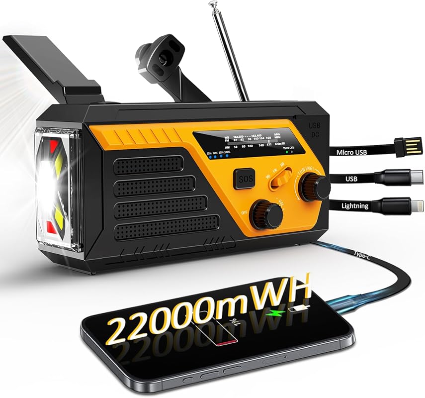 Emergency Hand Crank Radio with 22000mWh Battery, 4 Charging Cables, A