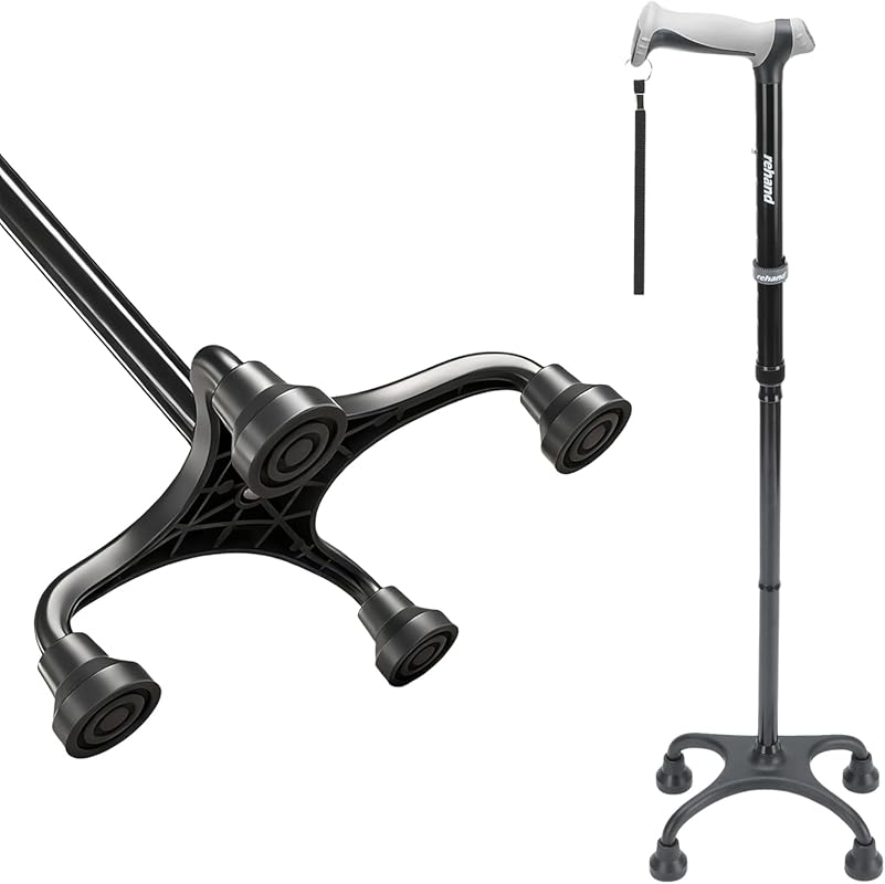 Rehand Quad Cane: Ergonomic Handle, 4-Pronged Base for Stability, Adju