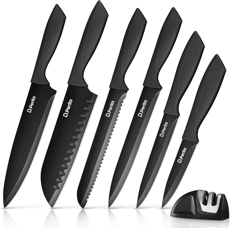 D.Perlla 7-Piece Knife Set with Sharpener: Stainless Steel Knives, Non