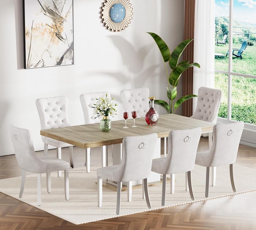 Henf 9-Piece Dining Table Set with 8 Upholstered Chairs, Rectangular E