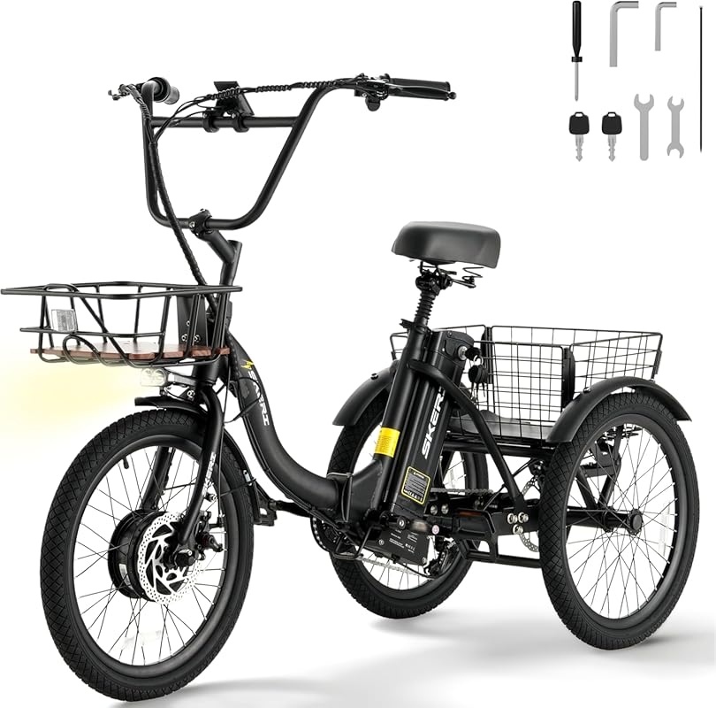 Skeri 500W/1000W Electric Trike, Folding Step-Thru 3-Wheel Bicycle wit