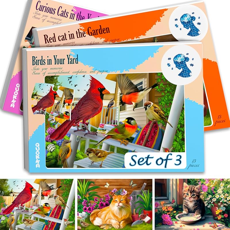QUOKKA 13-Piece Dementia Puzzle Set – Large Bird & Cat Jigsaw Puzzles 
