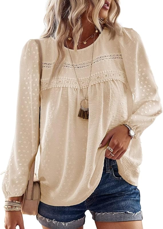 Falechay Women's Crewneck Flowy Lace Hem Long Sleeve Boho Blouse