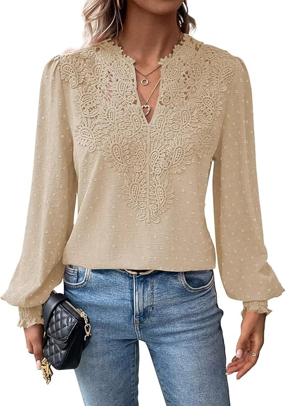 Falechay Women's Swiss Dot V-Neck Long Sleeve Chiffon Lace Hem Blouse