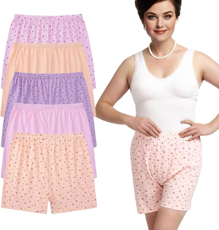 5pcs Seniors Women's Loose Soft Cotton Boxer Briefs with Full Coverage
