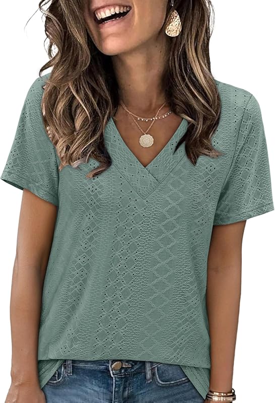 SAMPEEL Women's Eyelet Crossed V-Neck Short Sleeve Trendy T-Shirt