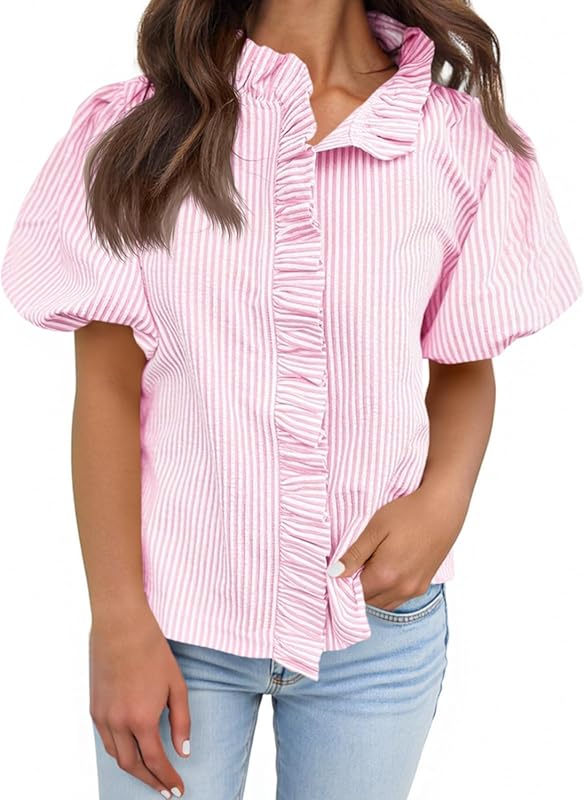 Tankaneo Women's Puff Sleeve Button Down Striped Ruffle Blouse