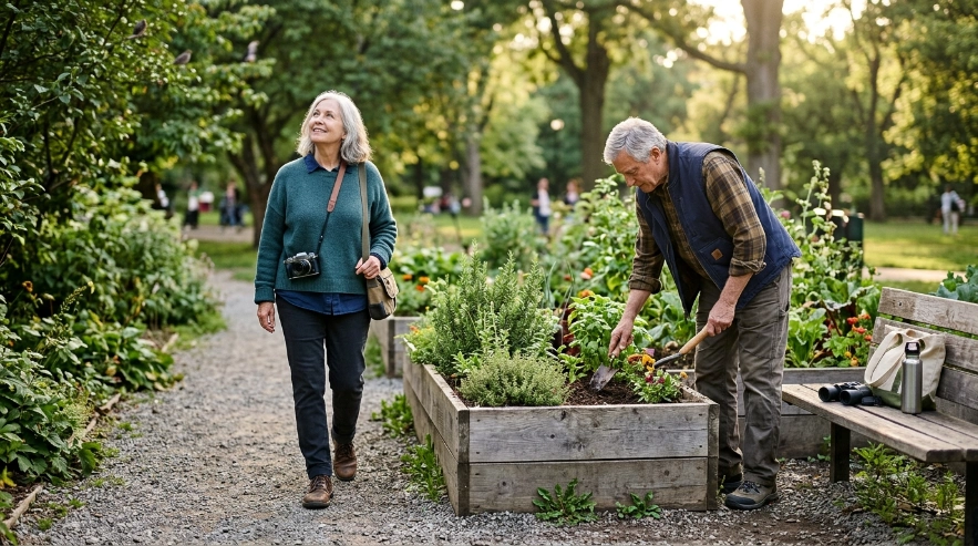 :Seniors walking and gardening outdoors, practical examples of the best hobbies for seniors who enjoy movement.