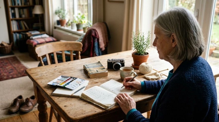 Senior comparing hobby options at home before choosing the best hobby for her interests, comfort, and routine.