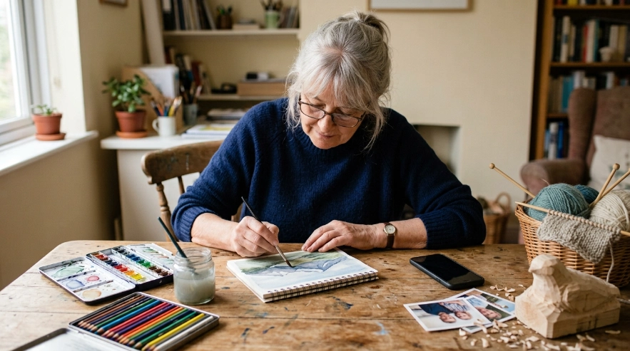 Retiree painting at a hobby table with knitting, photography, and woodworking materials nearby