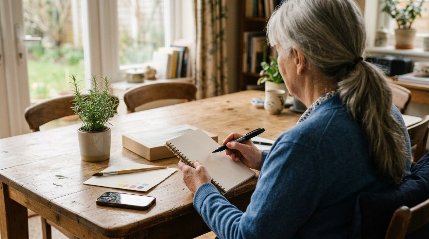 Older adult comparing simple hobby options at home before choosing one to try.