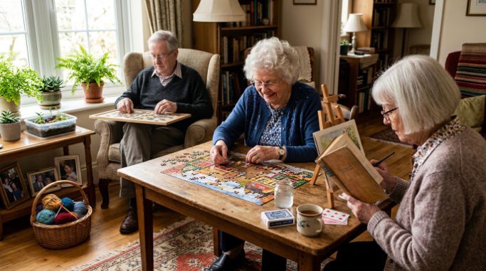Older adults enjoying painting, reading, puzzles, and gardening as hobbies for people over 80.