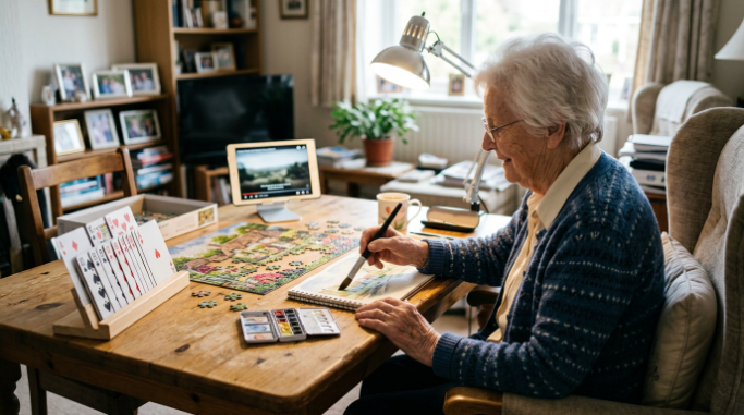 Adapted hobby setup with large cards and easy-grip tools for people over 80.