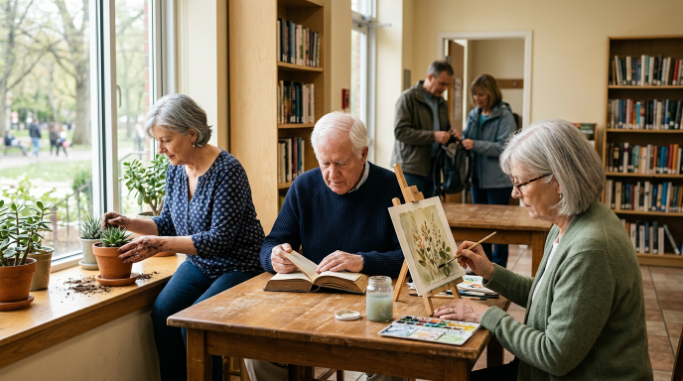 Seniors comparing creative, learning, social, and active hobbies when choosing a new hobby