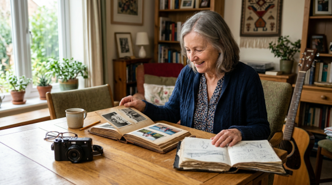 Older adult reviewing past interests while choosing a hobby that matches personality