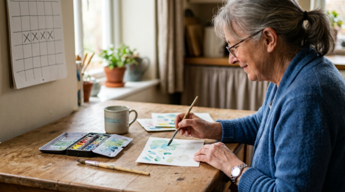 Older adult testing a new watercolor hobby with a simple beginner kit at home