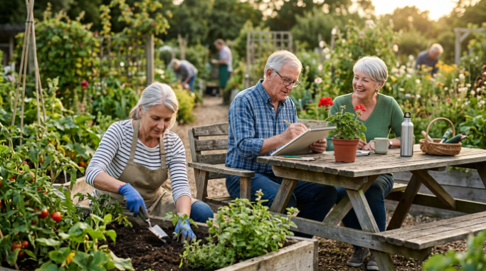 Retired adults gardening, painting, and socializing while exploring balanced hobbies after retirement.
