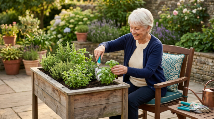 Older adult using adapted gardening tools while continuing a new hobby safely and comfortably