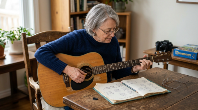 Retired adult practicing guitar as a mentally engaging hobby after retirement