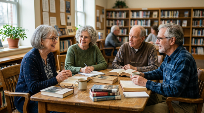 Seniors enjoying a book club and social connection through a shared hobby