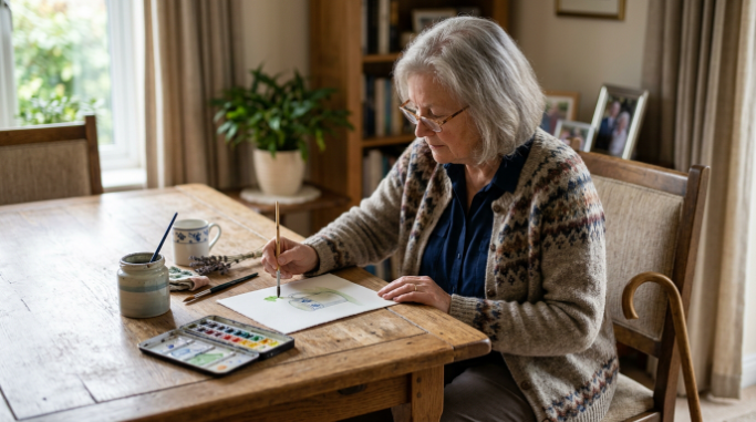 Senior testing a simple hobby at home with accessible setup and basic supplies