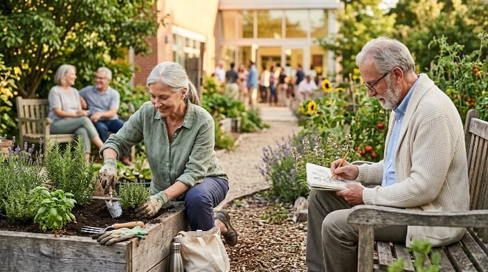 Retired adults gardening, sketching, and socializing while enjoying different retirement hobbies.
