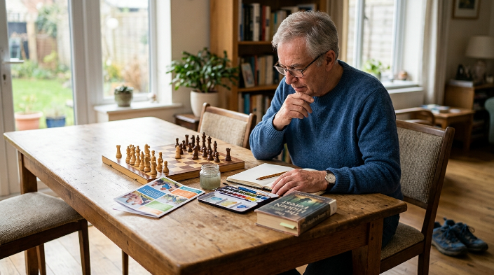Older adult comparing creative, active, relaxing, social, and mentally challenging hobby options.