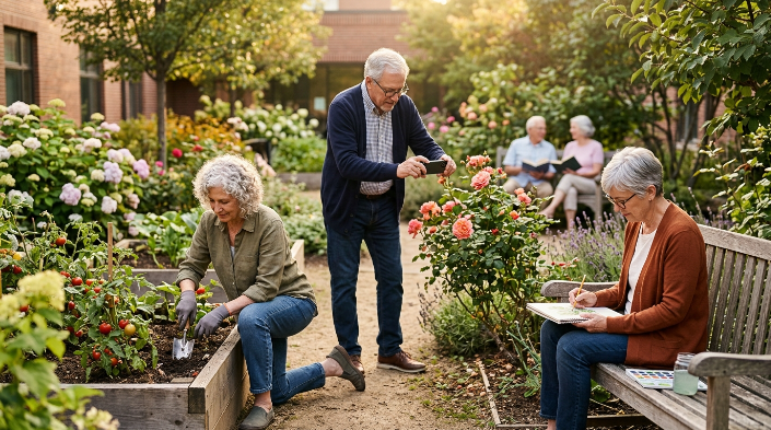 Older adults enjoying gardening, photography, painting, and social hobbies in later life.