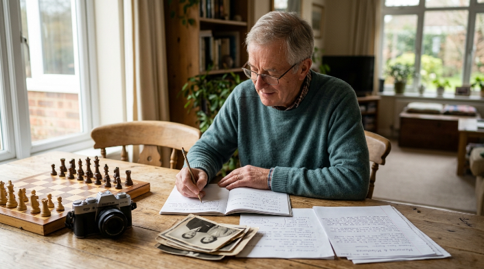 Retired adult enjoying chess, photography, genealogy, and learning activities at home