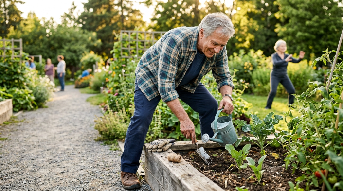 Older retiree gardening while staying physically active through enjoyable retirement hobbies