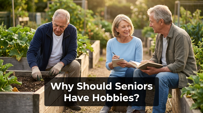 Seniors gardening, reading, and sketching together, showing why seniors should have hobbies.