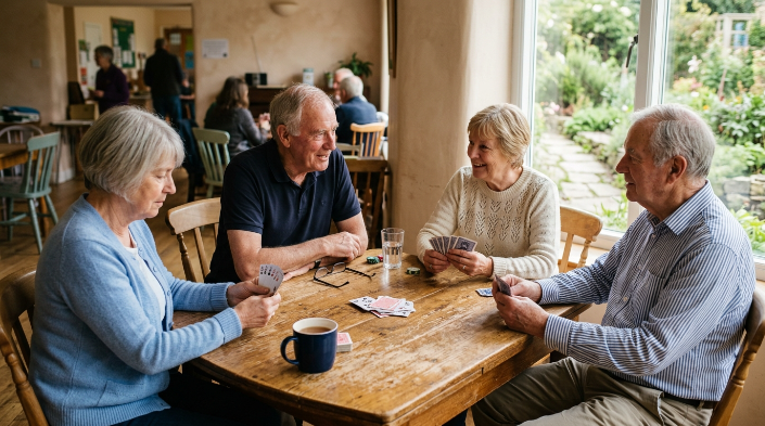 Older adults playing cards together as a social hobby that may help seniors feel connected.