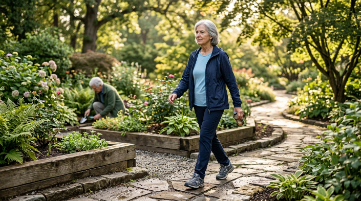 Senior woman walking in a garden as an enjoyable active hobby for physical movement.