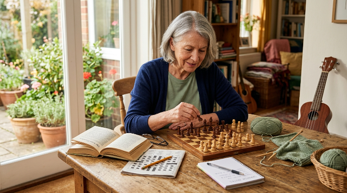 Older adult enjoys books, chess, puzzles, language practice, crafts, music, and gardening at home.