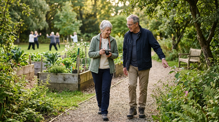 Older adults take a nature walk with photography near a community garden and tai chi group.