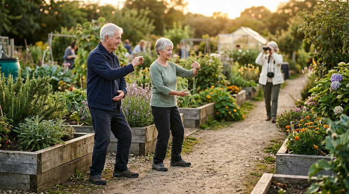 Older adults practicing tai chi in a community garden with walking and nature activities nearby.