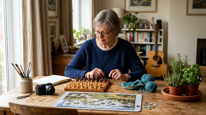Senior choosing puzzles, chess, photography, crafts and gardening as mentally stimulating hobbies.