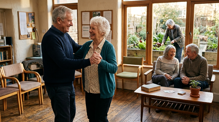 Seniors dancing, gardening and socializing through mentally stimulating group hobbies.
File Name: physical-social-hobbies-mental-stimulation-photo.jpg