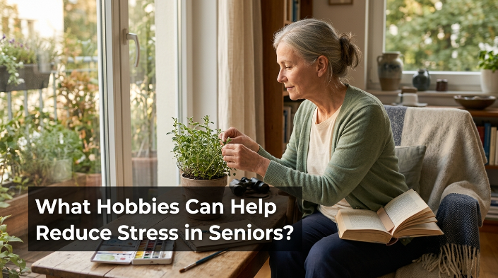 What hobbies can help reduce stress in seniors? Older adult enjoying calming hobbies at home.