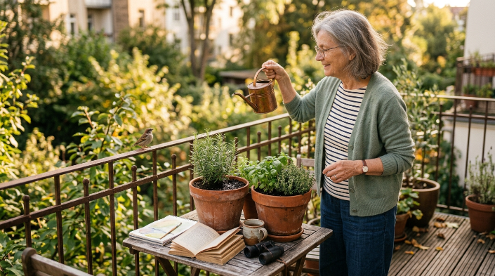 What hobbies can help reduce stress in seniors? Older adult gardening beside a book and binoculars